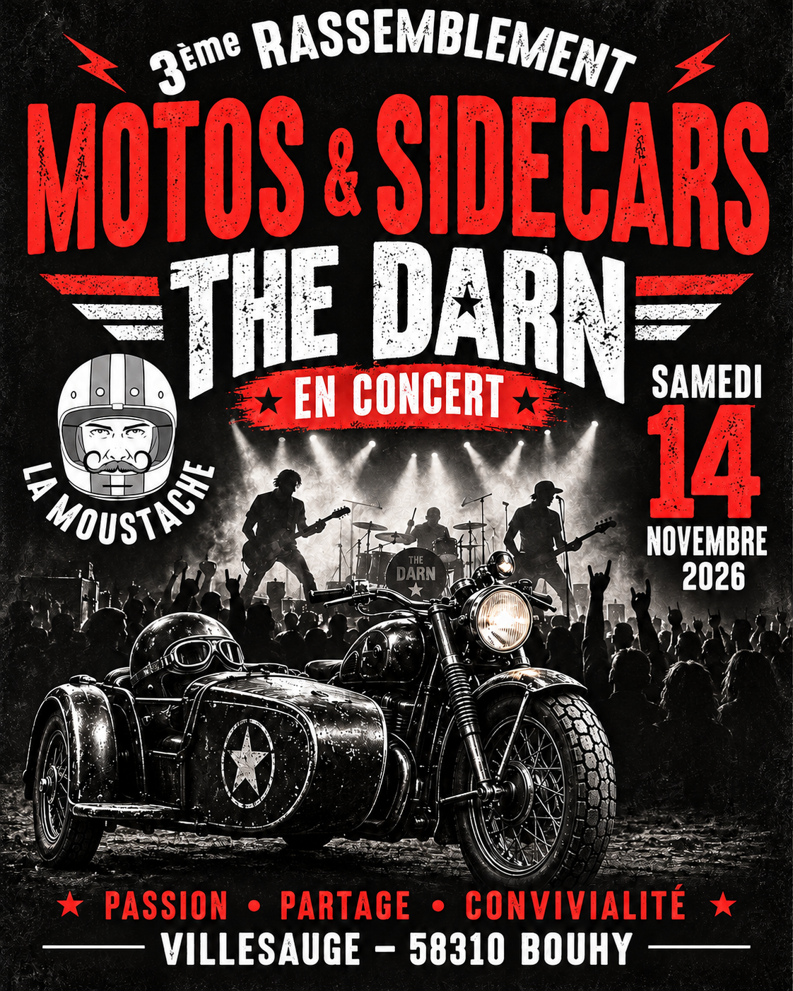 Affiche The Darn en concert au 3eme Rassemblement Motos et Sidecars, samedi 14 novembre 2026 a Villesauge